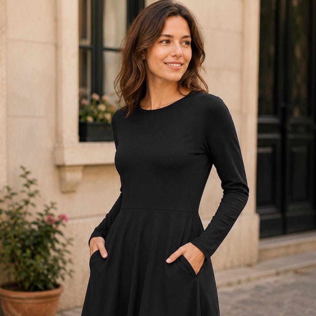 Black Midi Dress With Long Sleeves – Elegant Solid Color Dress, Fitted Waist, Timeless Dress With Pockets