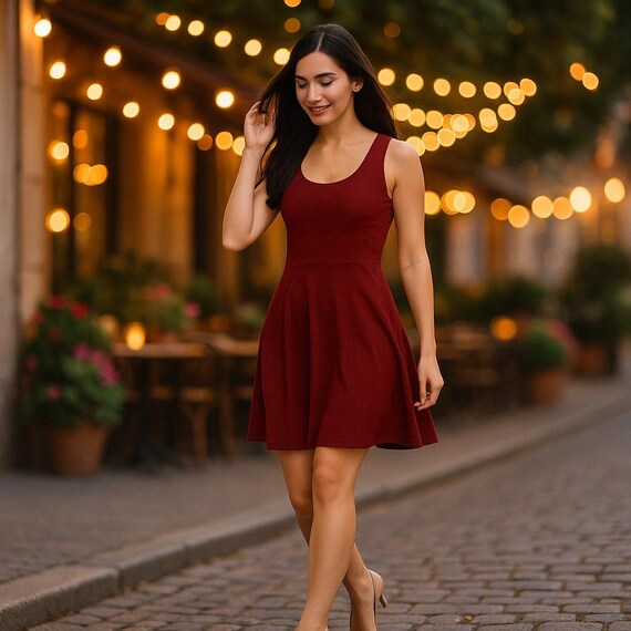 wine coloured skater dress Burgundy Scuba Sleeveless Skater Mini Dress  AX Paris
