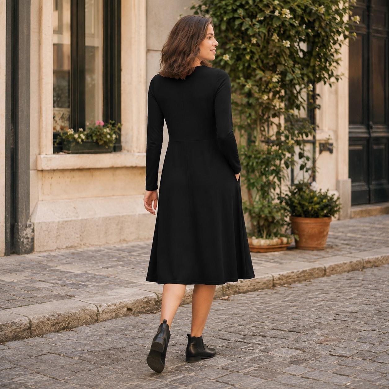 casual black midi dress With Long Sleeves – Elegant Solid Color Dress, Fitted Waist, Timeless Dress With Pockets Top Quality Made Women's ModelA_Prom Cloth Size:M bodycon fit that skims