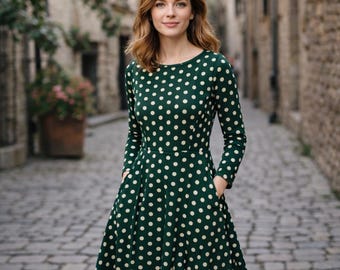 Green Polka Dot Midi Dress with Pockets – Retro Chic Long Sleeve Fit & Flare