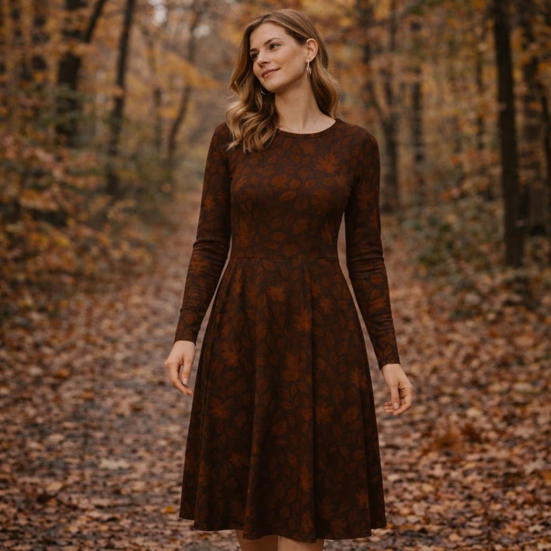 brown leaf dress 1990s Nicole Miller Leaf Print Brown Size 4 Bell Sleeve Vintage 90s Dress