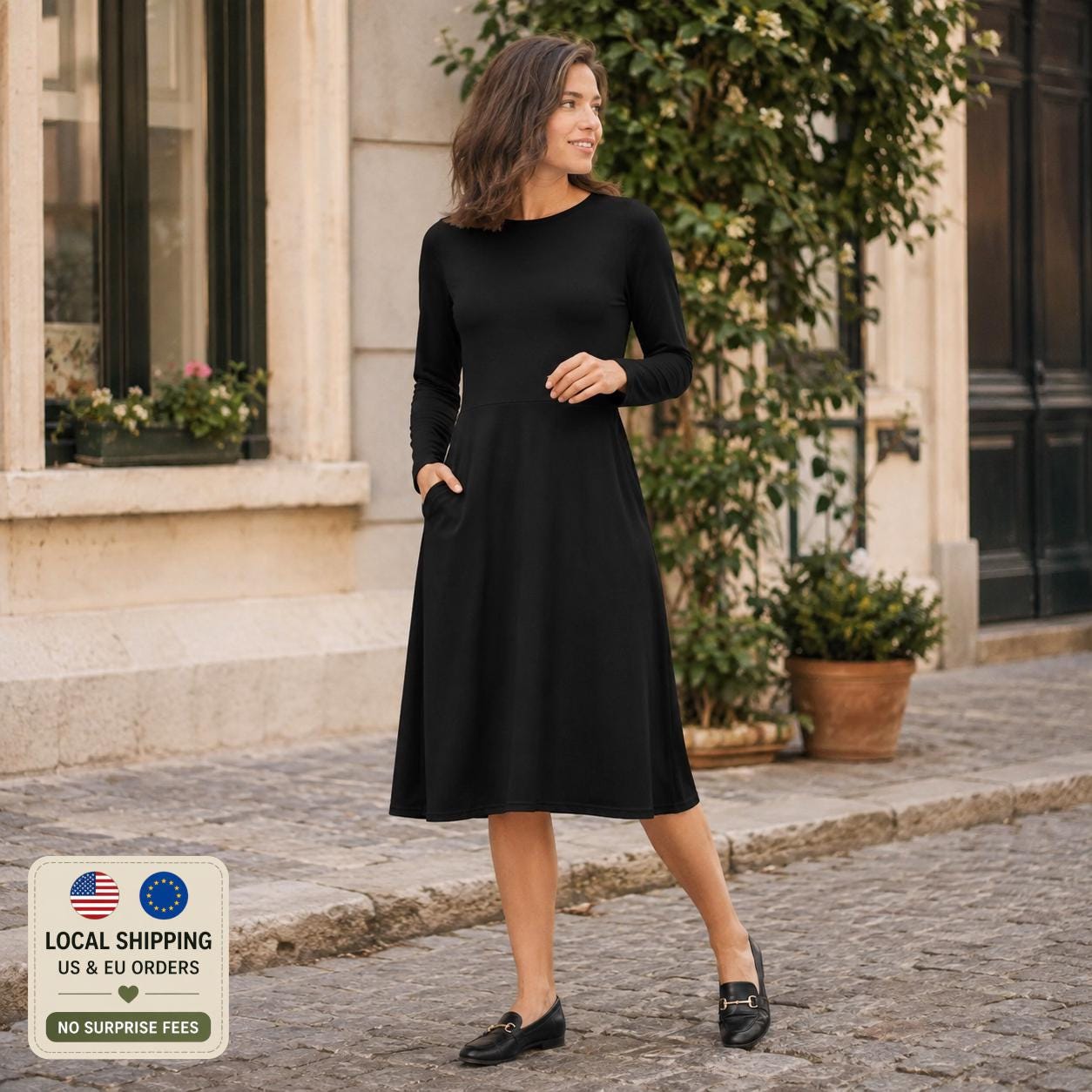 Black Midi Dress With Long Sleeves – Elegant Solid Color Dress, Fitted Waist, Timeless Dress With Pockets