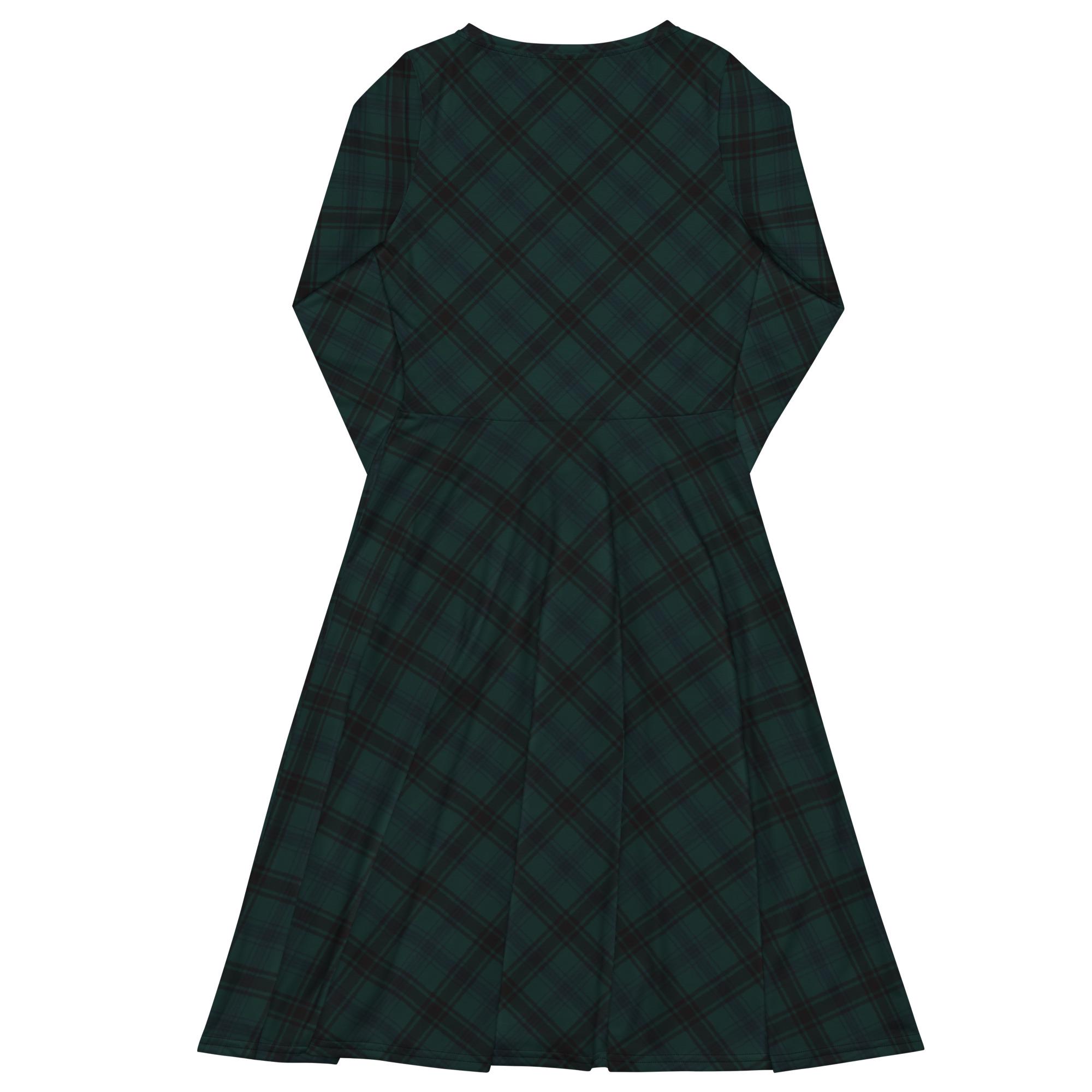 dark green tartan dress Dark Green Cotton Plaid Round Neck Long Sleeve Smocked Dress