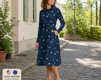 Midi Dress with Delicate Floral Pattern in Navy Blue | Elegant Long Sleeve Floral Dress | Feminine A-Line Dress with Pockets