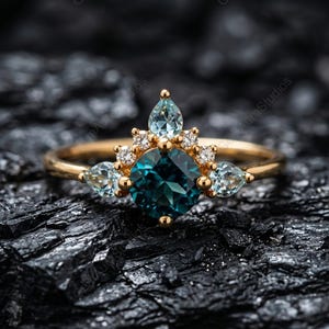 Anello di fidanzamento con zaffiro verde acqua, anello con grappolo di acquamarina a forma di pera in oro 14 carati, fede nuziale celeste unica, regalo di anniversario con gemma blu