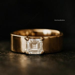 Asscher Cut Moissanite Diamond Engagement Ring, 2 CT Moissanite Wide Band Ring, 14K Gold Moissanite Cigar Ring, Wedding Proposal Ring Gift