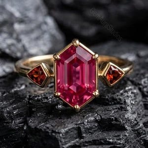 May include: A gold ring featuring a large, hexagonal, ruby-colored gemstone as the centerpiece. Two smaller, reddish-orange gemstones flank the main stone. The ring rests on a bed of dark, textured rocks, creating a striking contrast.