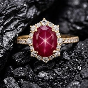 May include: A gold ring with a large, oval star ruby gemstone, encircled by small diamonds. The ring's band is also set with small diamonds. The ring is displayed against a dark, textured backdrop.