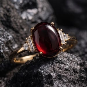 14K Gold Red Garnet Cabochon Ring, Vintage Art Deco Ruby Engagement Band for Women, Oval Gemstone Anniversary Gift