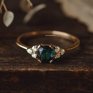 Green Sapphire Engagement Ring, Gold Round Cut Gemstone Ring Diamond Cluster Vintage Inspired Bridal Jewelry Anniversary Gift for Women