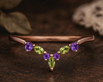 Marquise Peridot & Round Amethyst V Shape Ring, Dainty Gemstone Christmas Gift, Purple Green Stone Stacking Ring, August February Birthstone