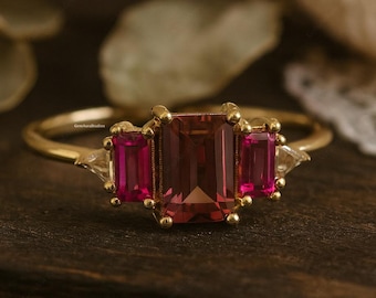Emerald Cut & Baguette Cut Ruby Three Stone Ring in Yellow Gold, Unique Ruby Engagement Ring, Vintage Gold Ruby Wedding Ring, Christmas Gift