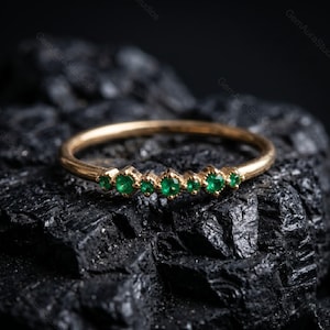 Dainty Emerald Stacking Ring in 14k Gold, Minimalist Green Gemstone Band, May Birthstone Jewelry Gift for Her, Delicate Art Deco Gold Ring