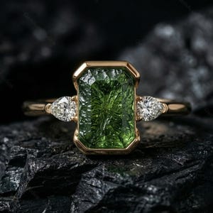 Pode incluir: Um anel de ouro com uma grande pedra verde retangular com superfície texturizada, ladeada por duas pedras brancas em forma de pêra. O anel está sobre um fundo escuro e texturizado.
