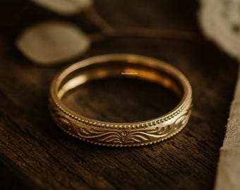 Vintage Gold Pattern Band Ring, 18K Engraved Wedding Band, Antique Style Gold Ring, Unique Promise Ring, Handmade Jewelry for Her & Him