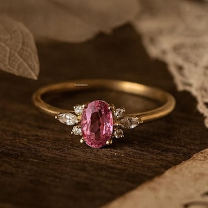 Pink Sapphire Engagement Ring, Oval Sapphire Diamond Cluster Ring 18K Gold Dainty Vintage Bridal Jewelry Wedding September Birthstone Gift