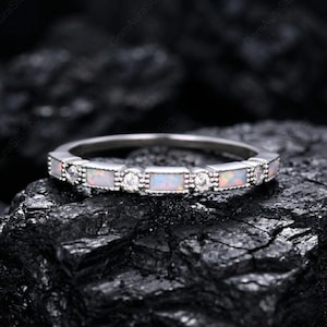 Dainty Baguette Opal Wedding Band, Art Deco Stacking Ring for Women, October Birthstone Jewelry, Half Eternity Anniversary Gift for Her