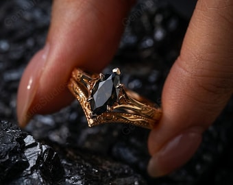 Black Onyx Marquise Engagement Ring Set Vintage 18k Gold Gothic Wedding Band, Art Deco Onyx Promise Ring, Filigree Victorian Bridal Set