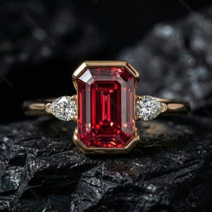 May include: A gold ring featuring a large, rectangular, red gemstone with a gold bezel setting. Two pear-shaped, white gemstones flank the central stone. The ring is set against a dark, textured background, highlighting the jewelry's brilliance.