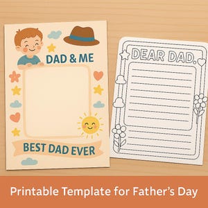 Plantilla de carta para el Día del Padre para niños: set de actividades imprimibles "Papá y yo" y "Querido papá": manualidad DIY para preescolar y aula.
