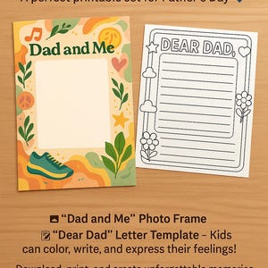 Set imprimible para el Día del Padre: Marco de fotos "Papá y yo" + Carta "Querido papá" / Actividad infantil / Descarga instantánea