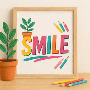 BEZPŁATNA do wydrukowania sztuka ścienna SMILE – Kolorowy plakat typograficzny – Motywujący cytat dla dzieci i dorosłych – Natychmiastowe pobranie