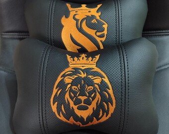 2 cuscini poggiatesta per auto ricamati (set da 2): cuscini poggiatesta personalizzati con leone, regalo da viaggio