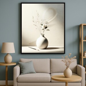 Serenidad minimalista: Impresión artística de jarrón blanco y flores delicadas, póster de jarrón, decoración de jarrón, arte mural imprimible