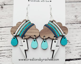 Rainbow Cloud Earrings File, instant digital laser file, svg, Glowforge cut file, Laser cutter design, raindrops and lightening bolt