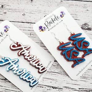 Fichier de boucles d'oreilles Word Dangle America USA, fichier laser numérique, svg, fichier coupé Glowforge, boucles d'oreilles du 4 juillet, cadeau de la fête de l'indépendance pour maman
