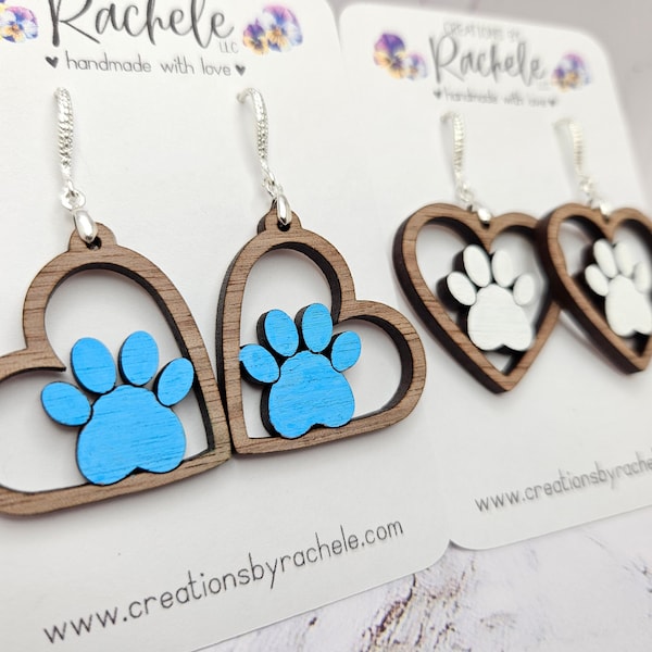 Heart Paw Print Dangle Earrings File, digital laser file, cat and dog paw print love earrings, svg, Glowforge cut file