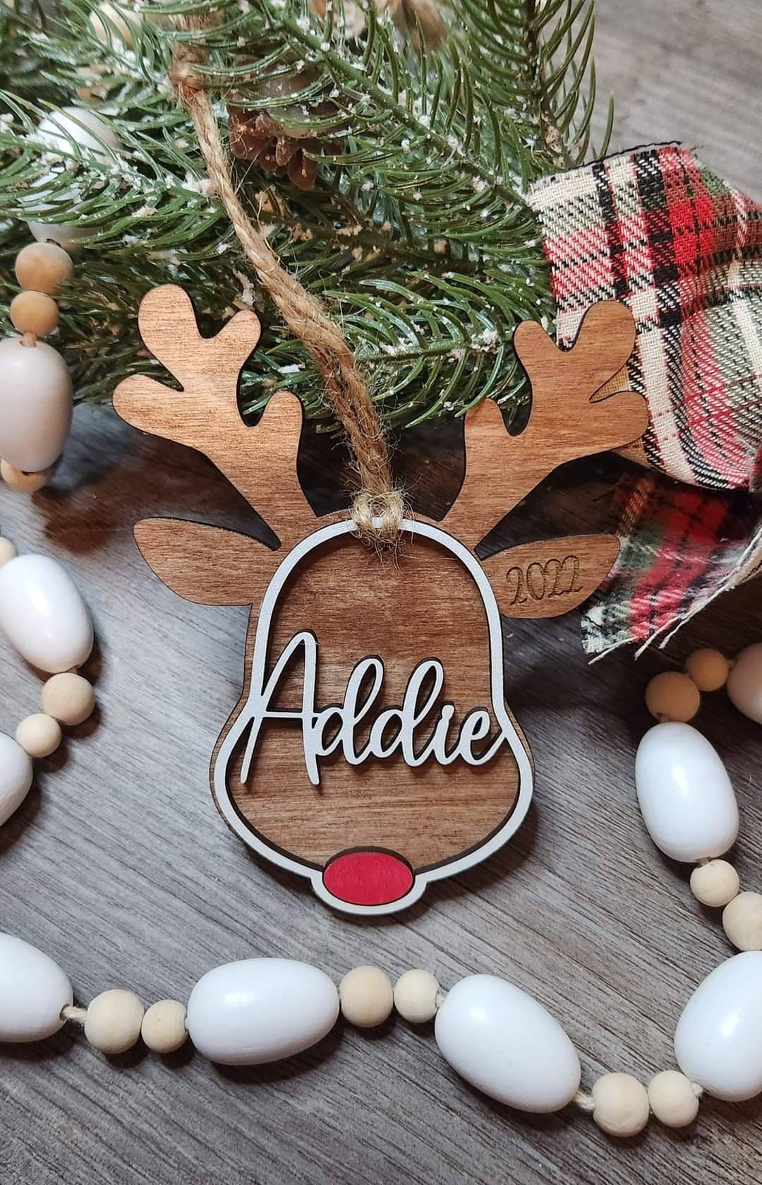 Red Nosed Reindeer Personalized Wood Christmas Stocking Tags