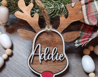 Santa's Reindeer custom Name Christmas ornament, stocking tag, 2022, laser file, svg, Glowforge, 2024