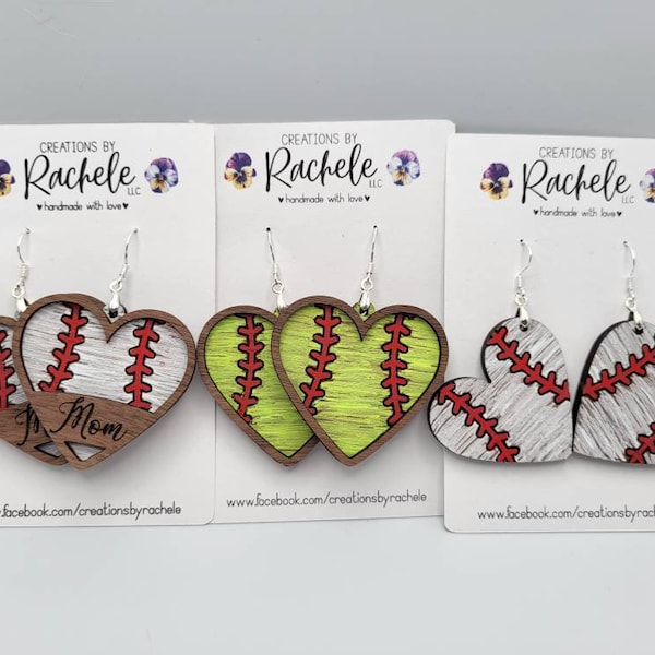 Heart Baseball Framed Monogramed Single or Double Dangle Earrings File digital laser file, svg, Glowforge cut file