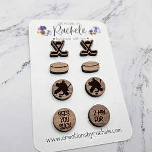 Hockey Stud Earrings File, 24 options, digital laser file, svg, Glowforge cut file | coach gift, Mom Team earrings, puck goalie hockey stick