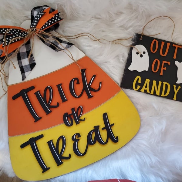 Trick or treat door hanger with reversible mini sign, Halloween decoration, candy sign, interchangeable digital laser file, svg, Glowforge