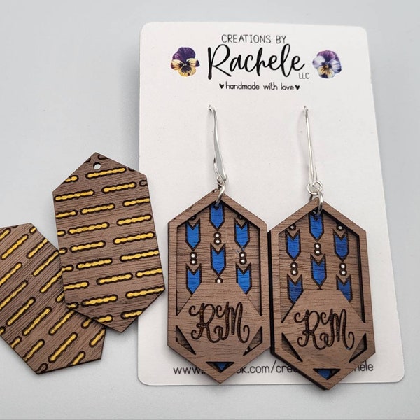 Elongated Hexagon Connected dots and arrows and dots Monogramed Dangle Earrings File digital laser file, svg, Glowforge cut file