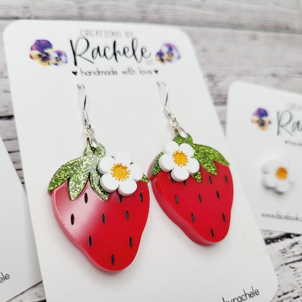 Strawberry Earrings File, Pin bag, broach file,  digital laser file, svg, Glowforge cut file, strawberry flower, digital. Layered acrylic