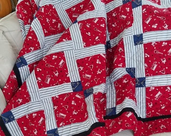 COWBOY THEME QUILT Twin to Full 89 x 60 in. Red and Blue Bandana with striped ticking prints. Quilted in Horseshoe Loop and Star pattern