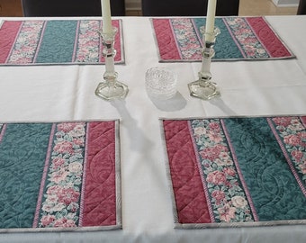 ENJOY a VICTORIAN CHRISTMAS of rose and teal generously sized 17x13 quilted placemats made of vintage fabrics. Just add silver or crystal !!