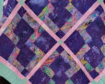 PRINCESS PERFECT QUILTED Tummy Time or Laprobe quilt sporting soft green and pink with royal purple and marbled background. 40x40 inches sq.