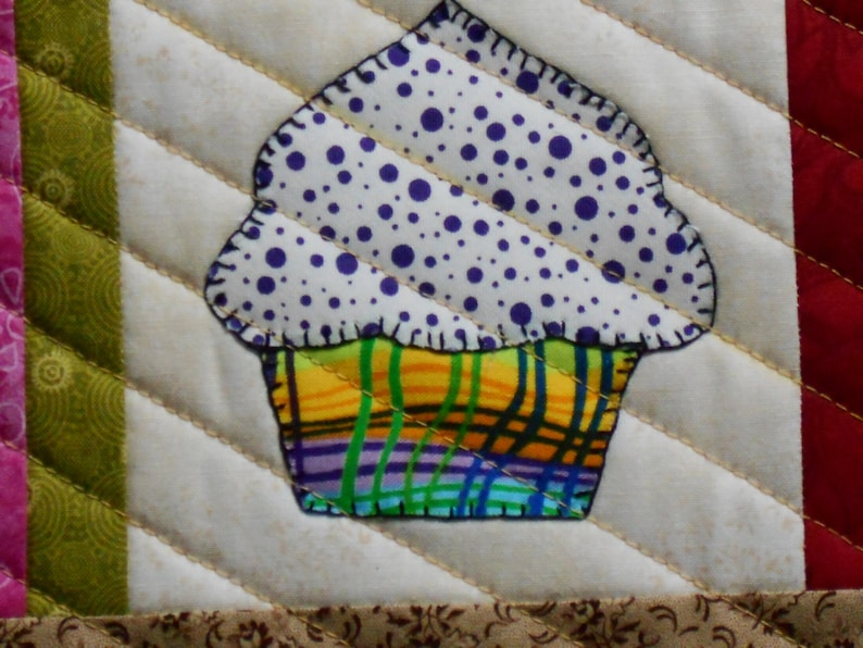 QUILTED CUPCAKE MugRug SET Snack Mat Set or Mini Placemat Set of Two in Rainbow colors measuring 7 x 11 inches