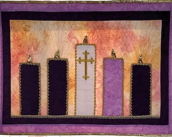 This ADVENT WALLHANGING will bring a glow to your home during Advent.. Optional Blue colors are available. Flames are "lit" Advent weekly.
