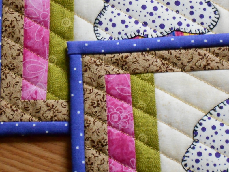 QUILTED CUPCAKE MugRug SET Snack Mat Set or Mini Placemat Set of Two in Rainbow colors measuring 7 x 11 inches