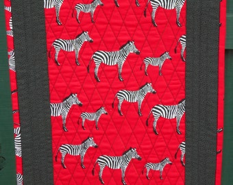 SAFARI at YOUR TABLE! Zebras make a dramatic red-black-white statement in your decor! Generous 53 x 16 inches of original handmade quality.