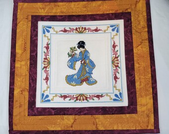 JAPANESE ASIAN BEAUTY is found in this repurposed cross stiched picture in blue, wine and gold. Perfect for small places in  Asian decor.