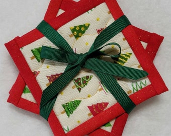 CHRISTMAS TREE COASTERS Set of 4. Approx 4 1/2 inches square in red white and green with gold highlights. Perfect stocking stuffers!