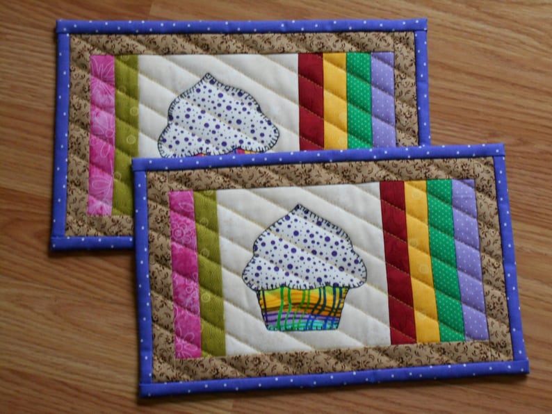 QUILTED CUPCAKE MugRug SET Snack Mat Set or Mini Placemat Set of Two in Rainbow colors measuring 7 x 11 inches