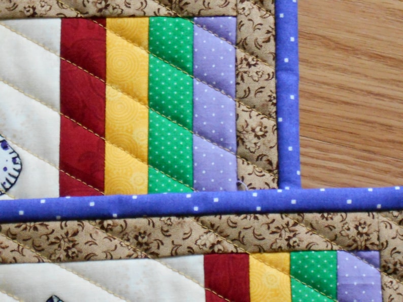 QUILTED CUPCAKE MugRug SET Snack Mat Set or Mini Placemat Set of Two in Rainbow colors measuring 7 x 11 inches