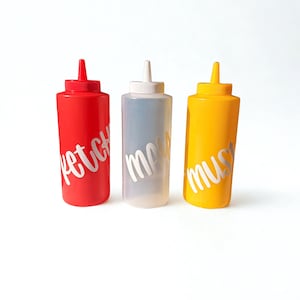 Ketchup Mustard Mayo Bottle Set | Labeled Squeeze Bottles for RV Fridge | Compact Condiment Storage